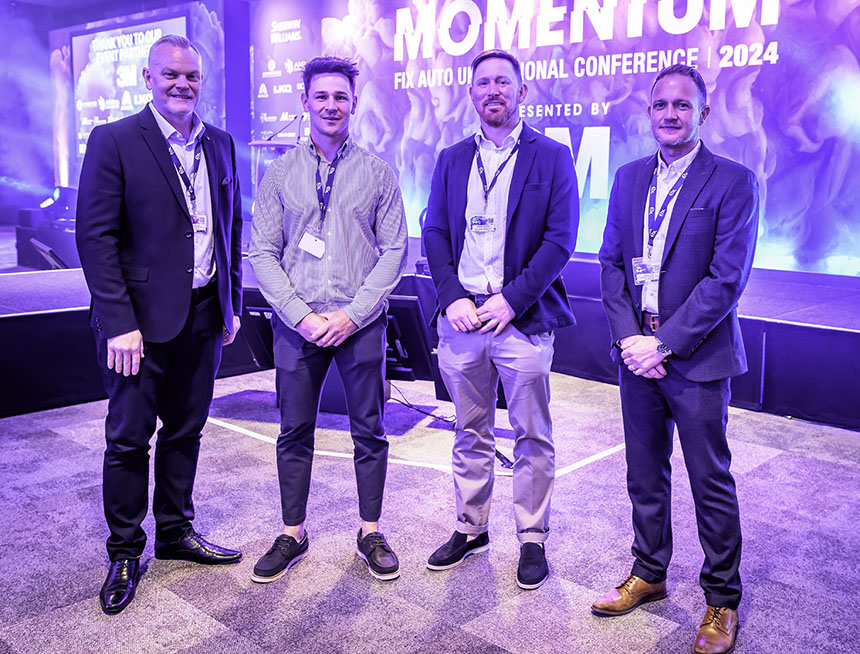 Mustoes joins Fix Auto UK: after attending the recent Fix Auto UK National Conference, brothers Dan and Ashley Mustoe (centre) were so impressed by the experience they formerly agreed to join the network.